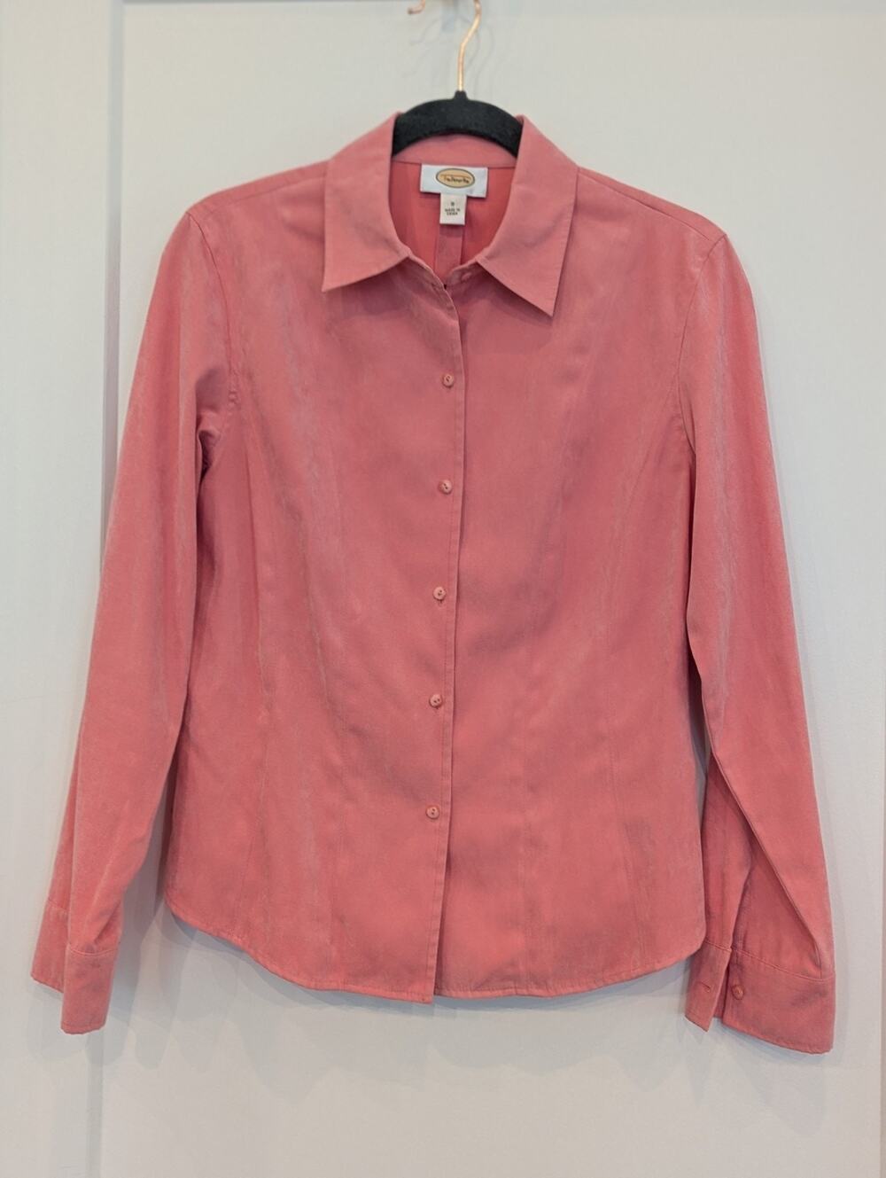 Talbots Womens S Coral Pink Faux Suede Button Up Blouse Long Slv. Top Pastel EUC